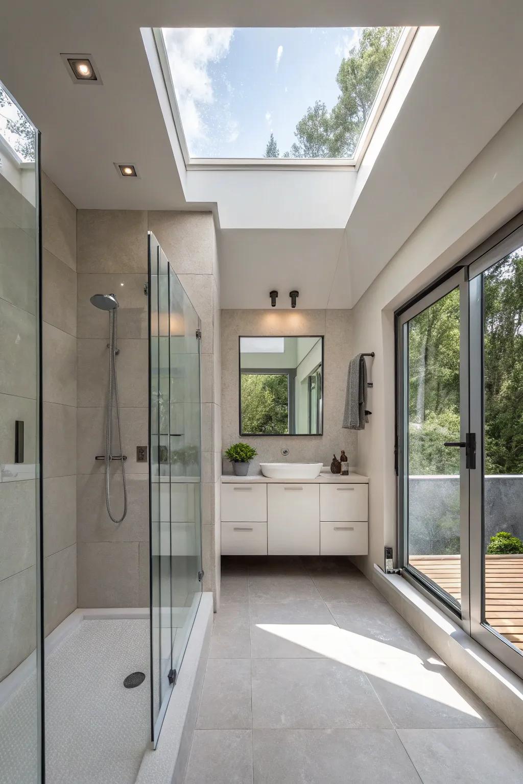 A skylight pulls in overhead natural light, refining the shower's ambiance.
