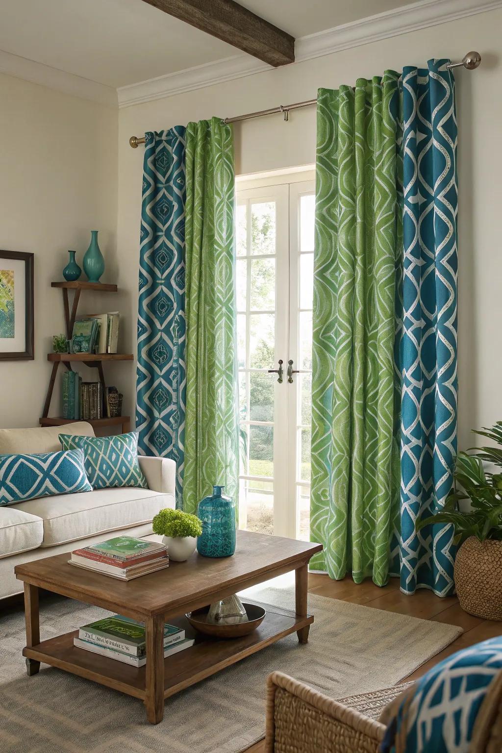 Patterned drapes add style and privacy.