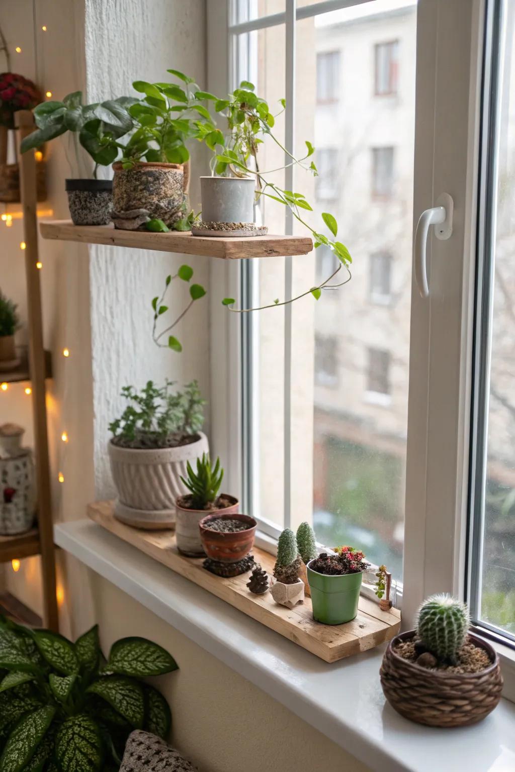 Floating shelves maximize space for decor above the windowsill.