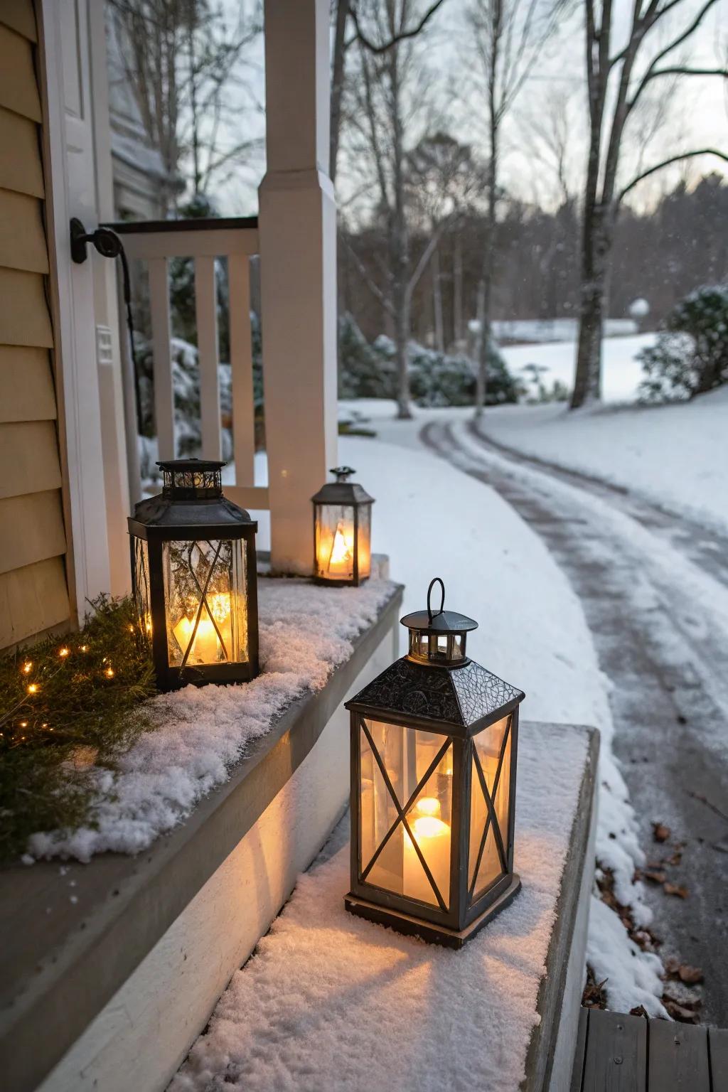 LED lanterns emit a warm greeting into your dwelling.