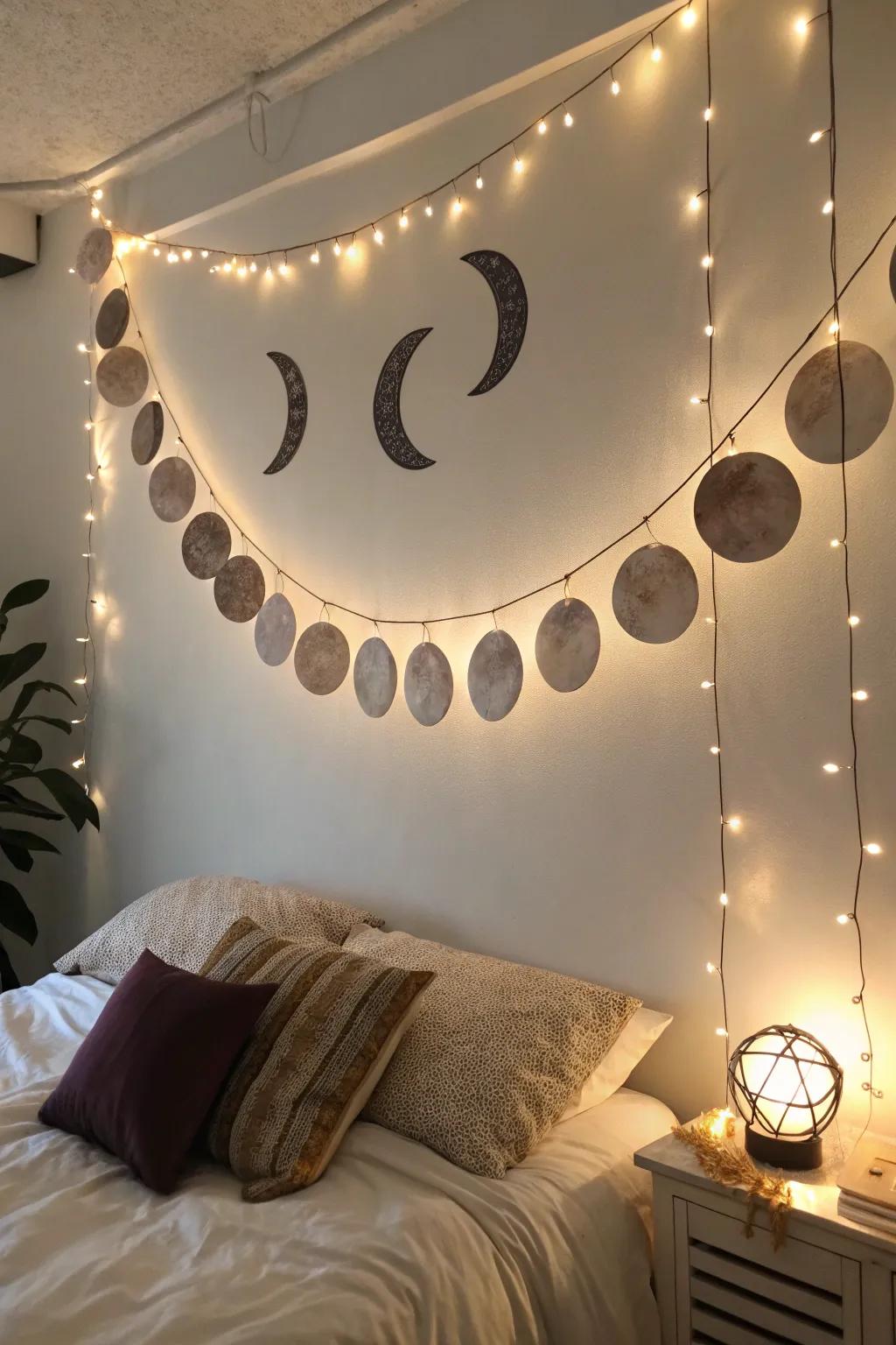 Lunar phase ornamentation for a celestial impression.