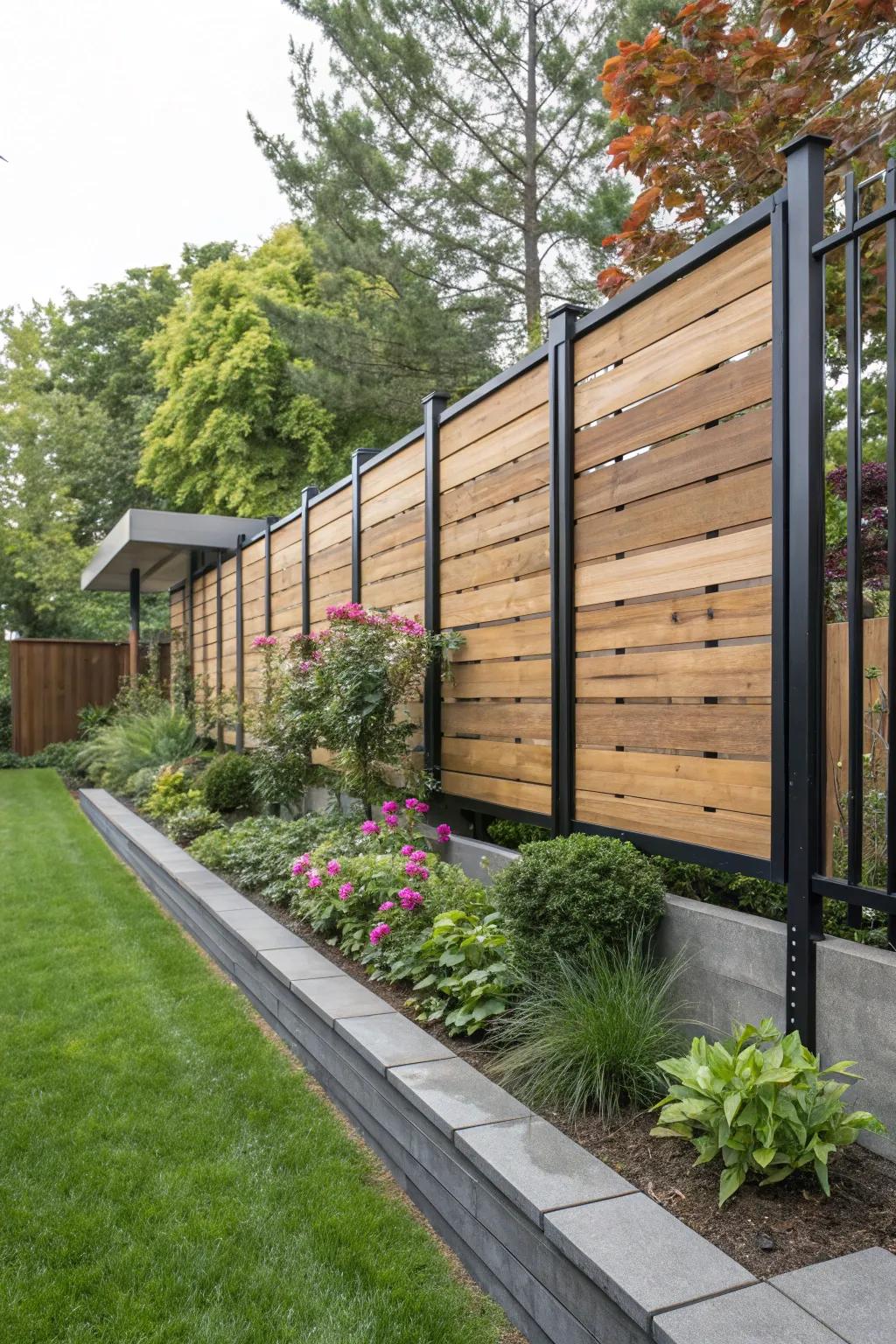 A fence with drifting wood paneling and metal.
