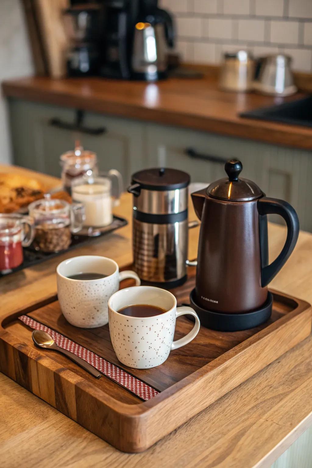 Create a cozy coffee or tea station with a timber board.