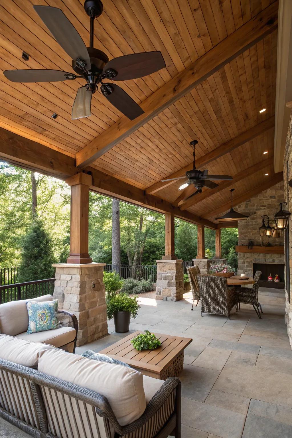 A cool and comfortable patio roof with ceiling fans.