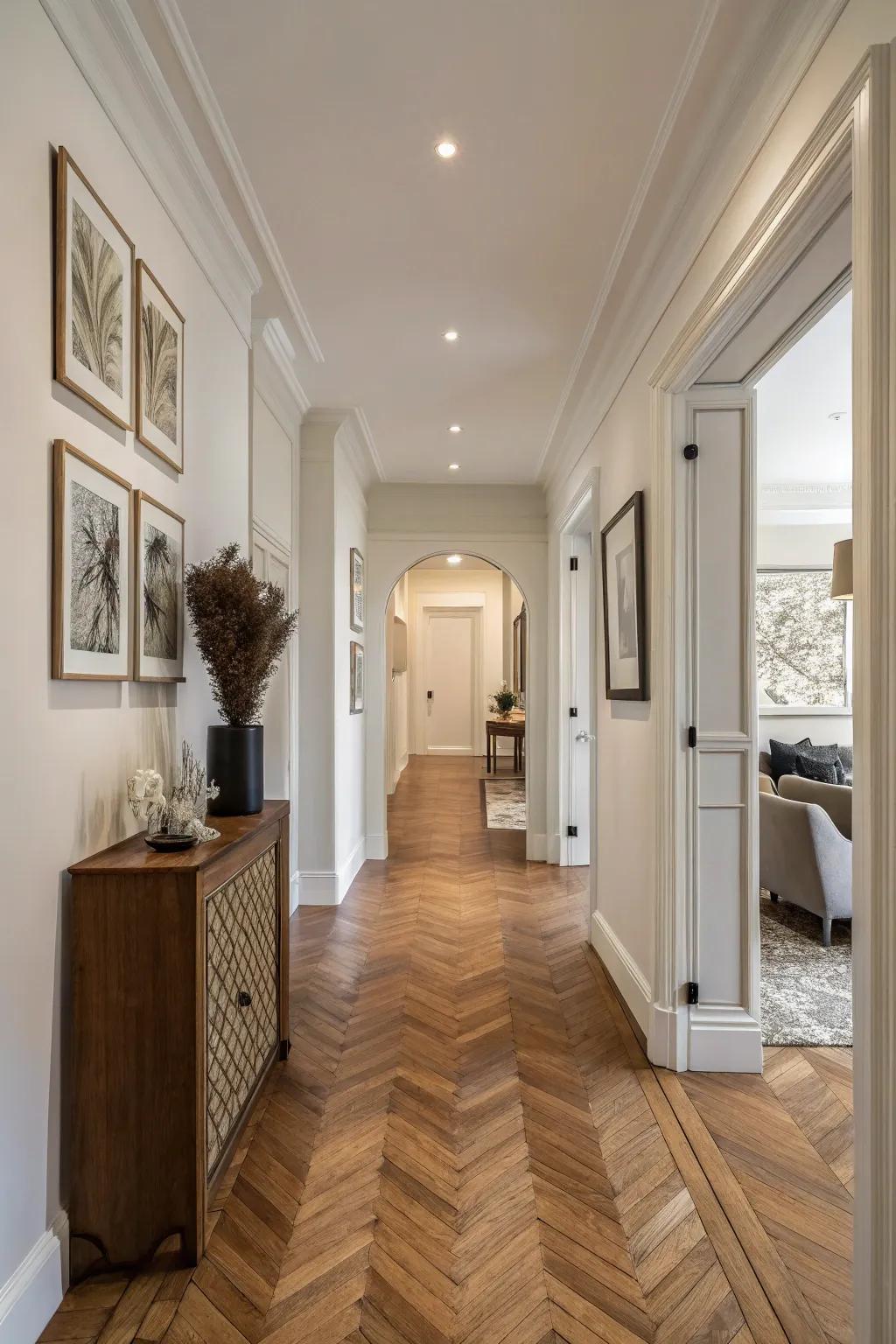 A hallway featuring end grain wood flooring that offers intrigue.