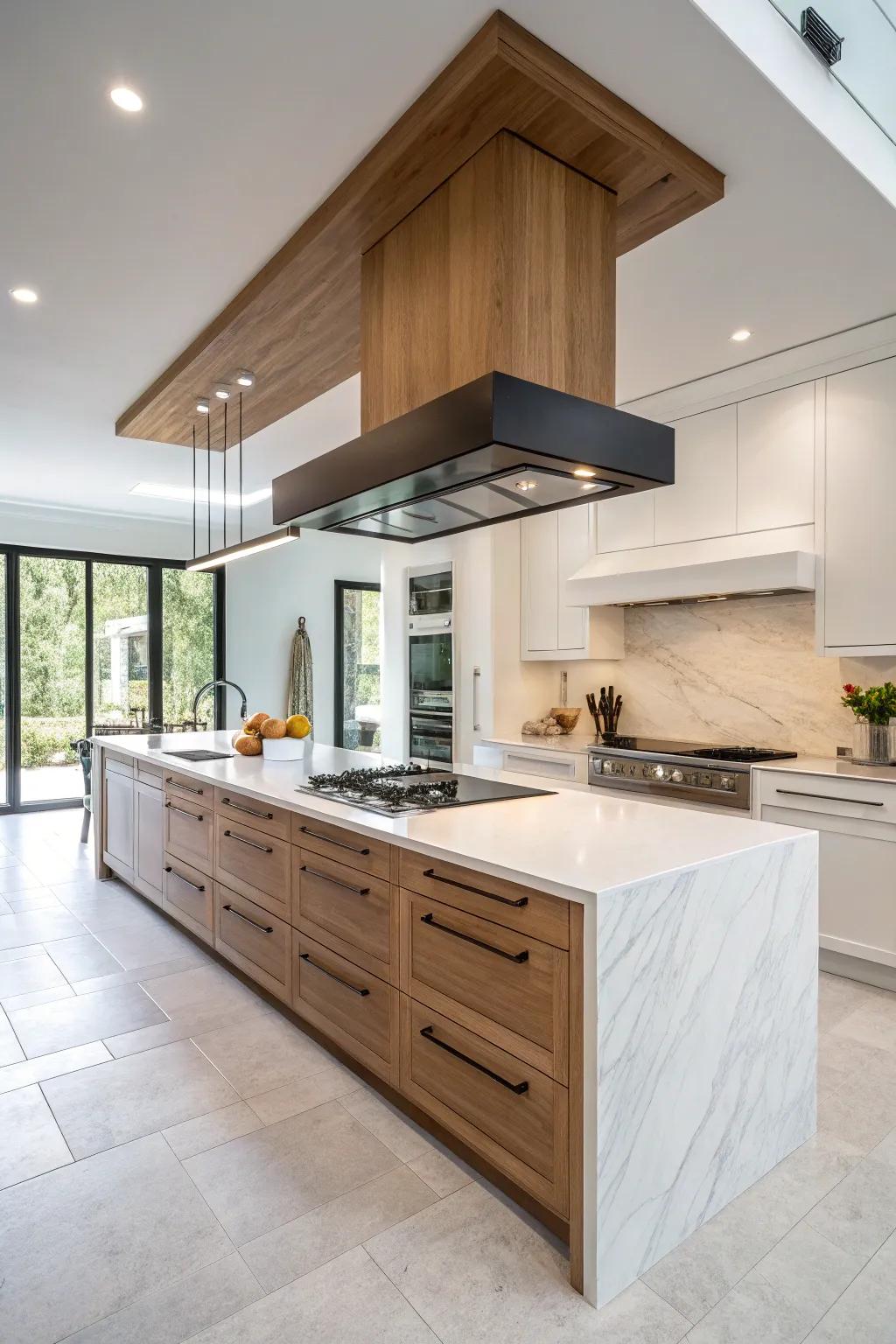 Floating timber chimney hoods deliver a contemporary and airy cooking area sensation.