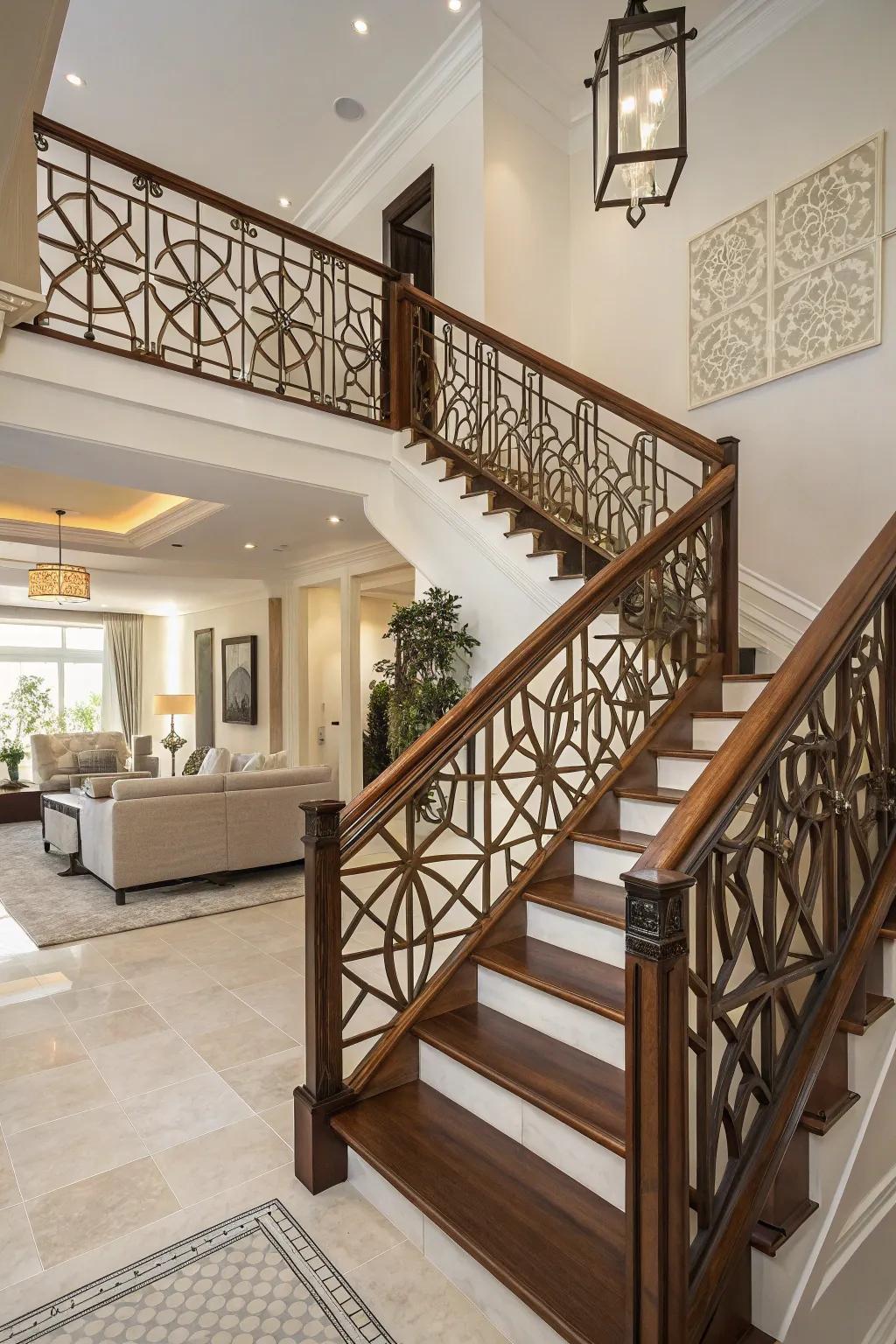 Modern design: geometric designs in a wooden railing.