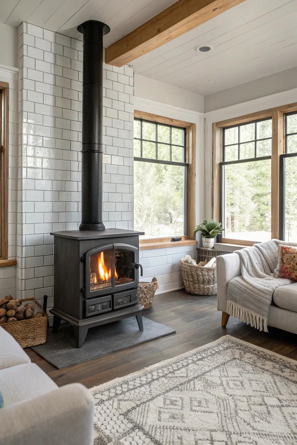 Rectangular tiles provide a polished and sophisticated surround for your wood stove.