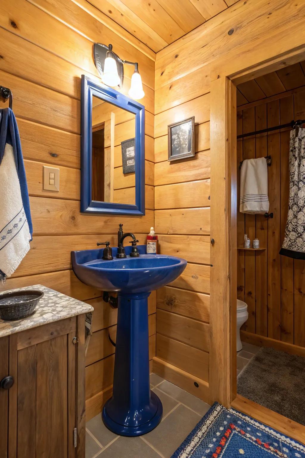 An unforeseen spark of bold color against wood walls.