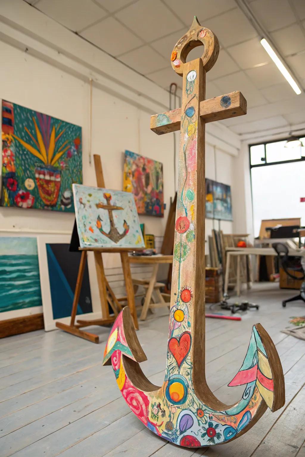 Timber sea hook with bold abstract art