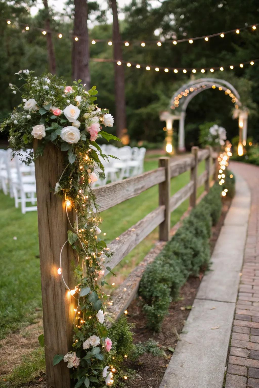 A rustic timber fence lends countryside charm to wedding backdrops.