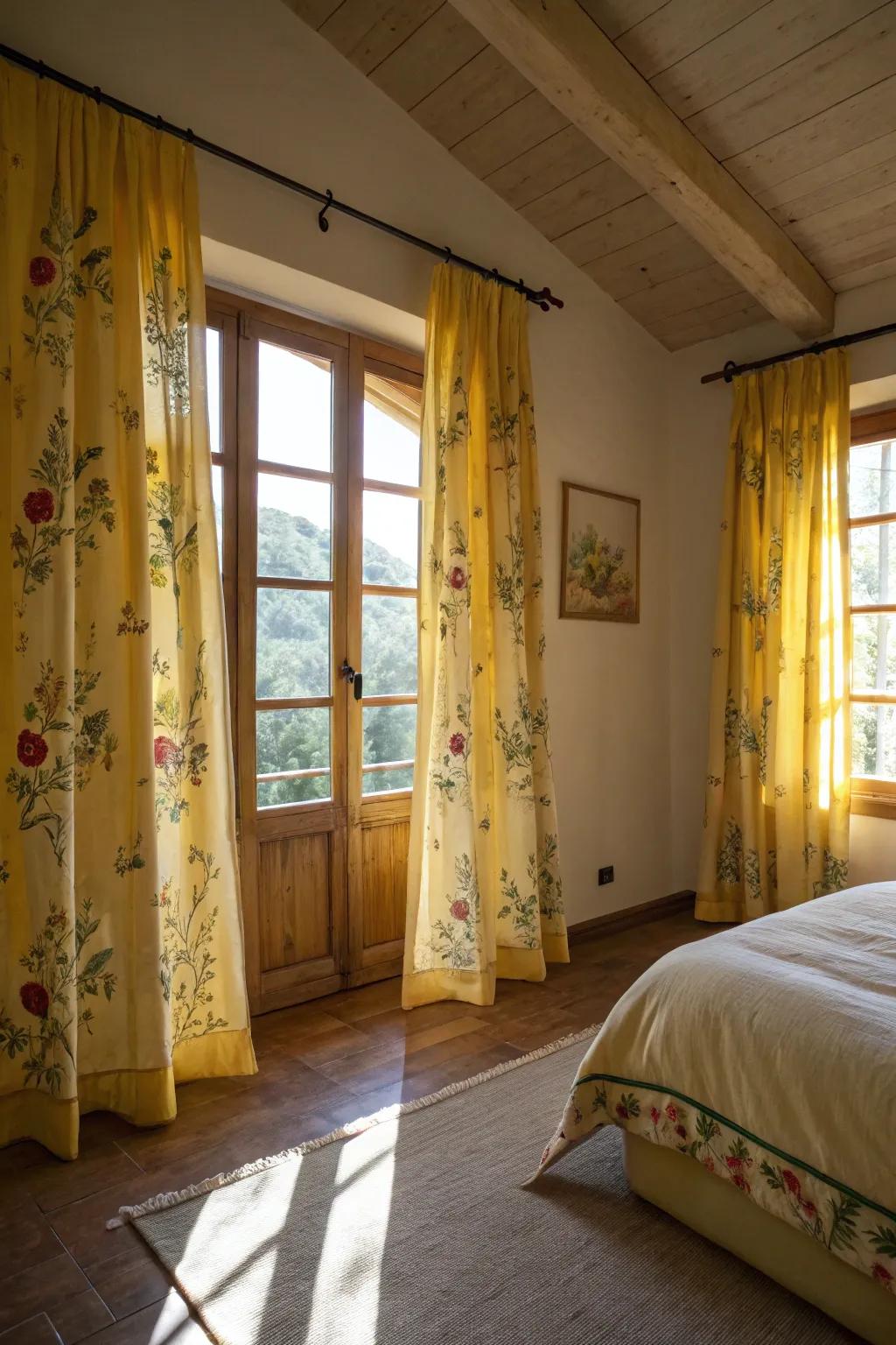 Floral and leaf-patterned yellow curtains bring a touch of nature into the bedroom.