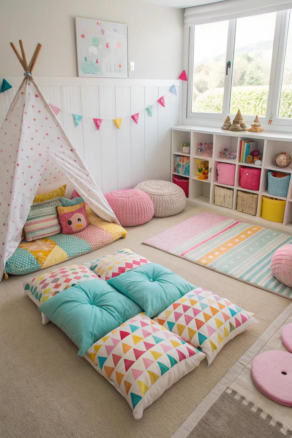 A cushion area offers a cozy spot for play and relaxation.