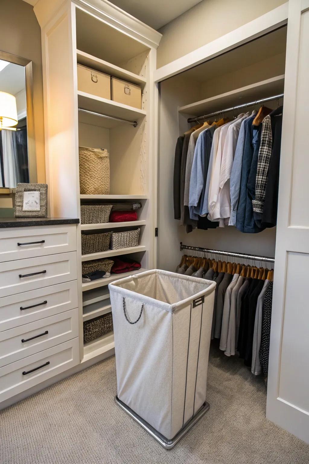 With a hidden hamper, you can keep your closet neat.