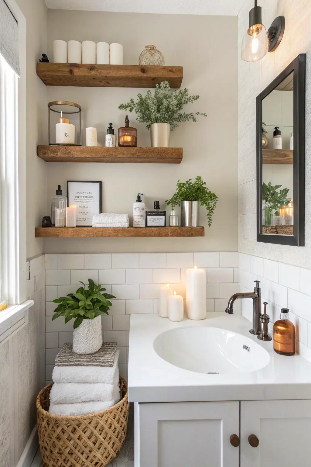 Wall-hung shelves offer practical storage with a minimalist touch.