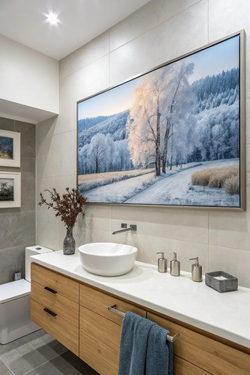 Glazed terrain artwork bringing a refreshing touch to the bathroom