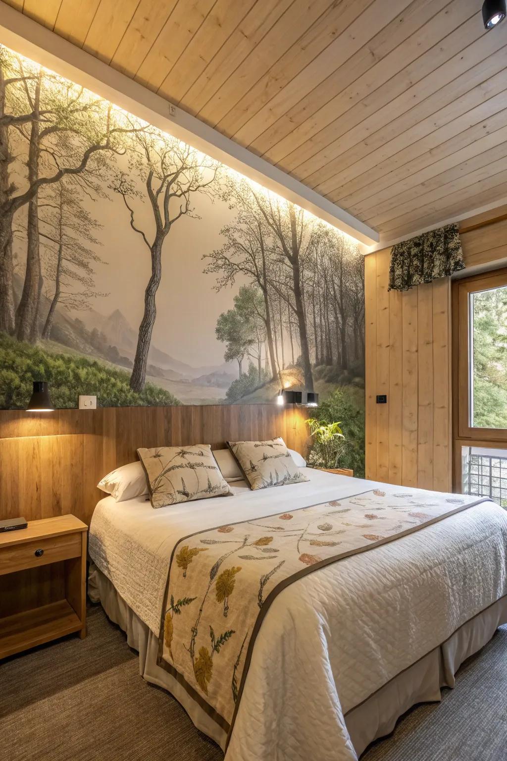 A bedroom featuring a nature mural accent wall bringing the outdoors in.