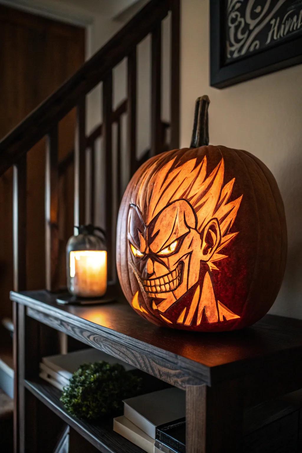 Add a hint of mischief with a sculpted pumpkin tribute to anime villains.