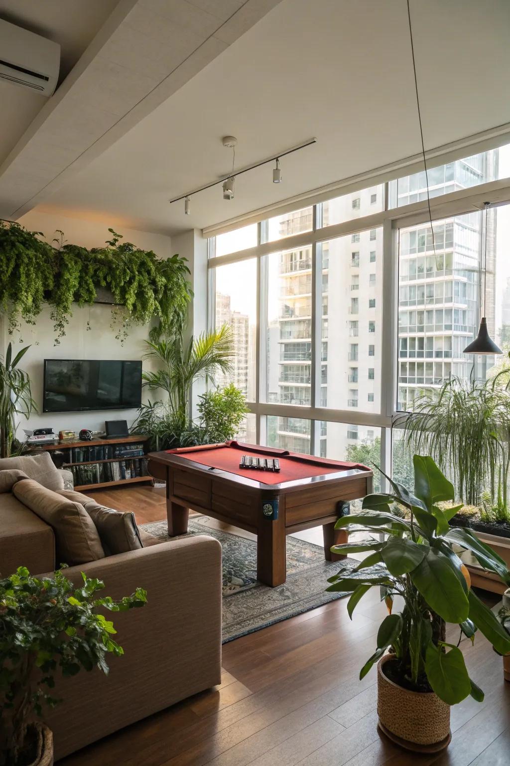 Living plants can enrich your entertainment space with a revitalizing and vibrant touch.