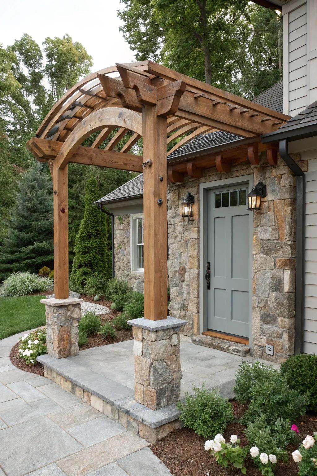 A stone and wood fusion arbor for a unique and durable gateway.