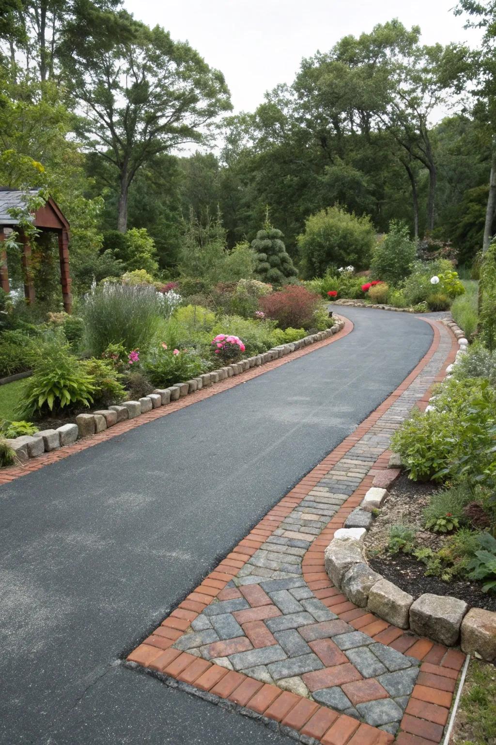 Reclaimed bricks offer a green and charming frame for this sustainable driveway.