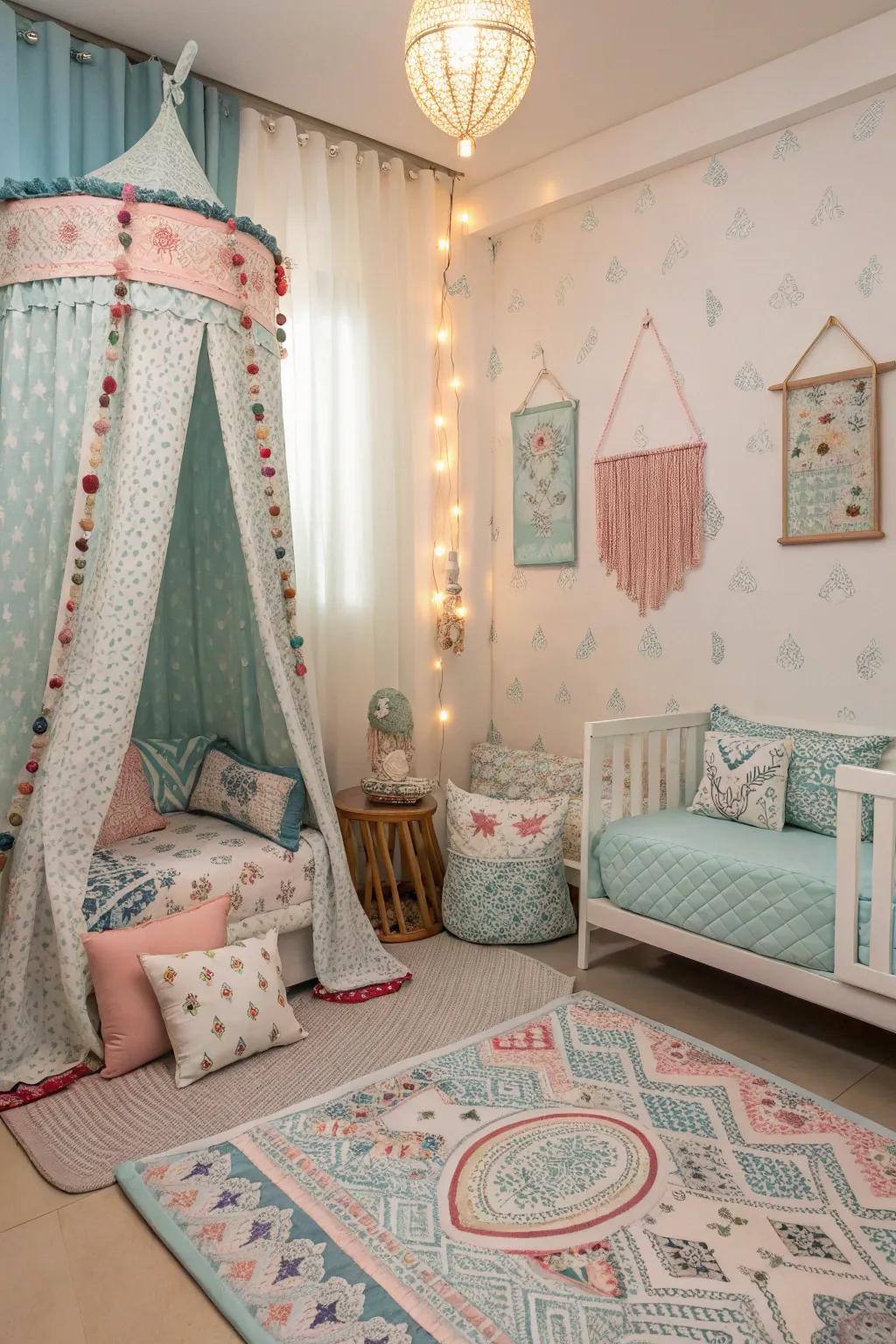 Patterns bring visual interest to a serene pale sky bedroom.