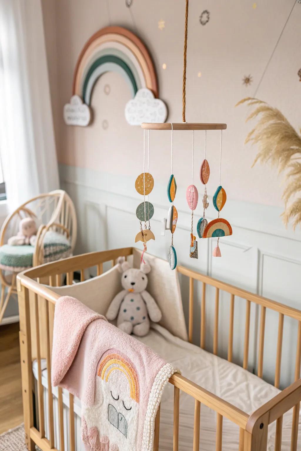 A mobile adds fun and visual interest to the baby area, keeping little ones entertained.
