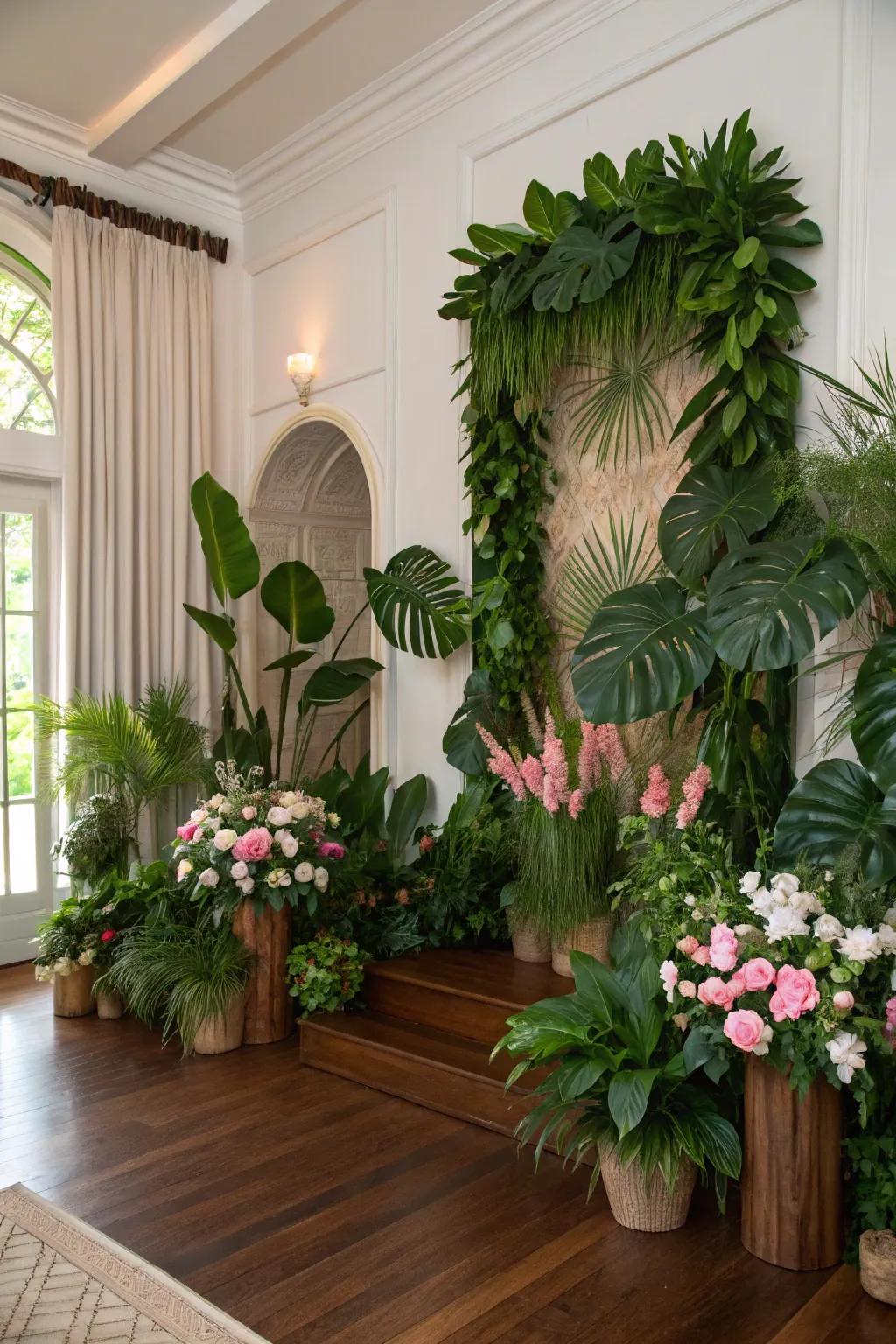 Design a natural haven with a greenery backdrop.