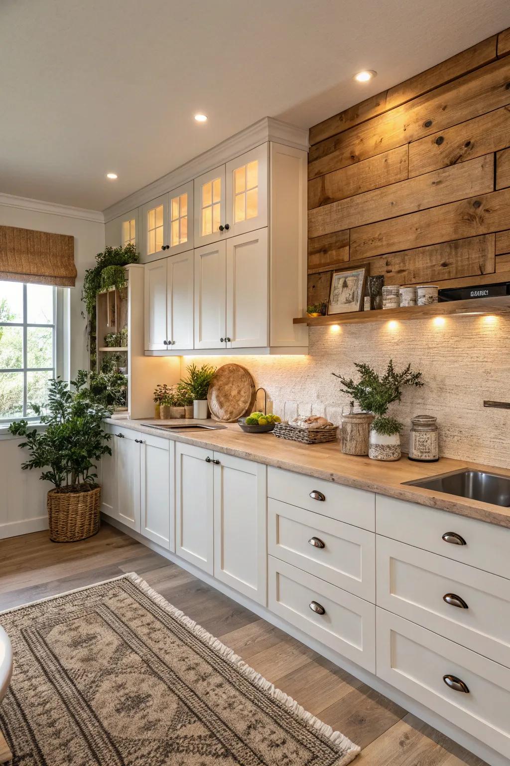 Timber backsplash enhances warmth and texture