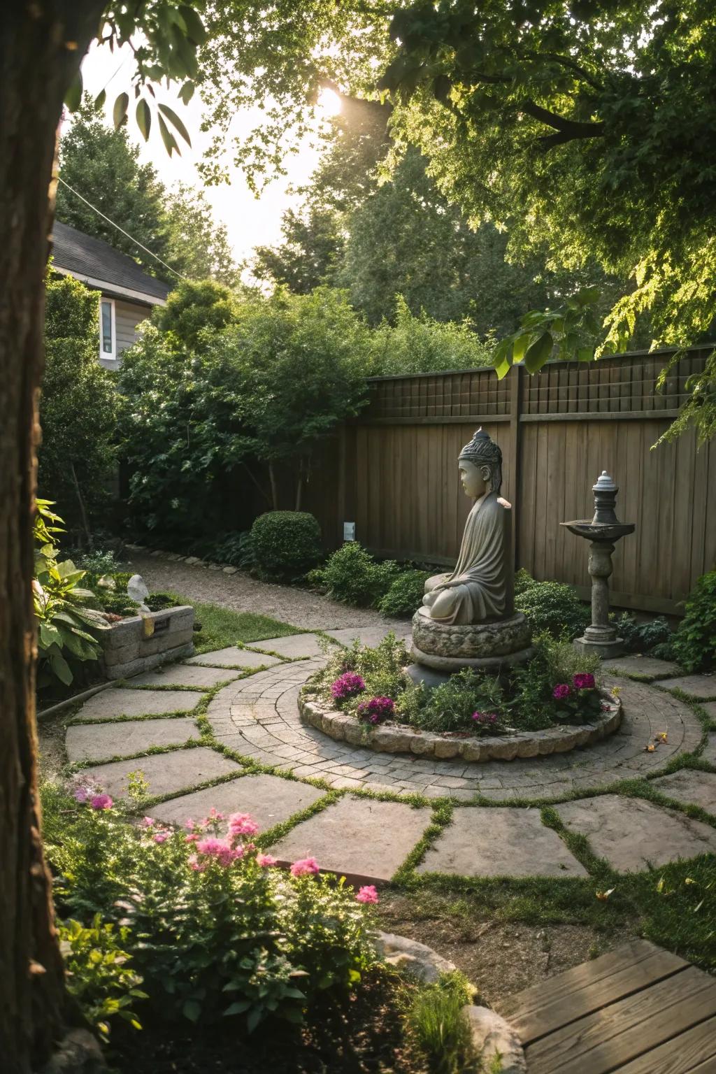 A meditation gathering spot gives a serene space for group sessions.