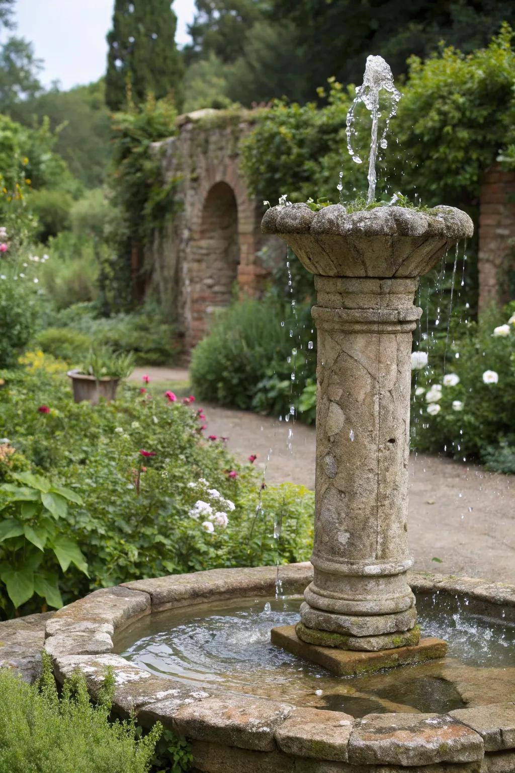 A stone pillar cascade delivers timeless sophistication within a rustic backdrop.