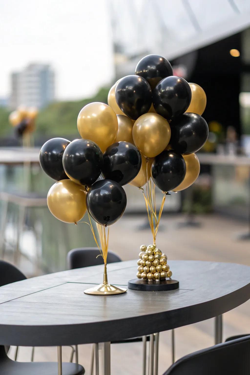 Black balloons merged with gold engender a luxurious aesthetic.