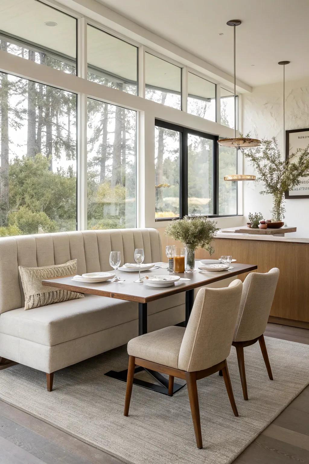 A mid-century modern dining space with sleek banquette seating.