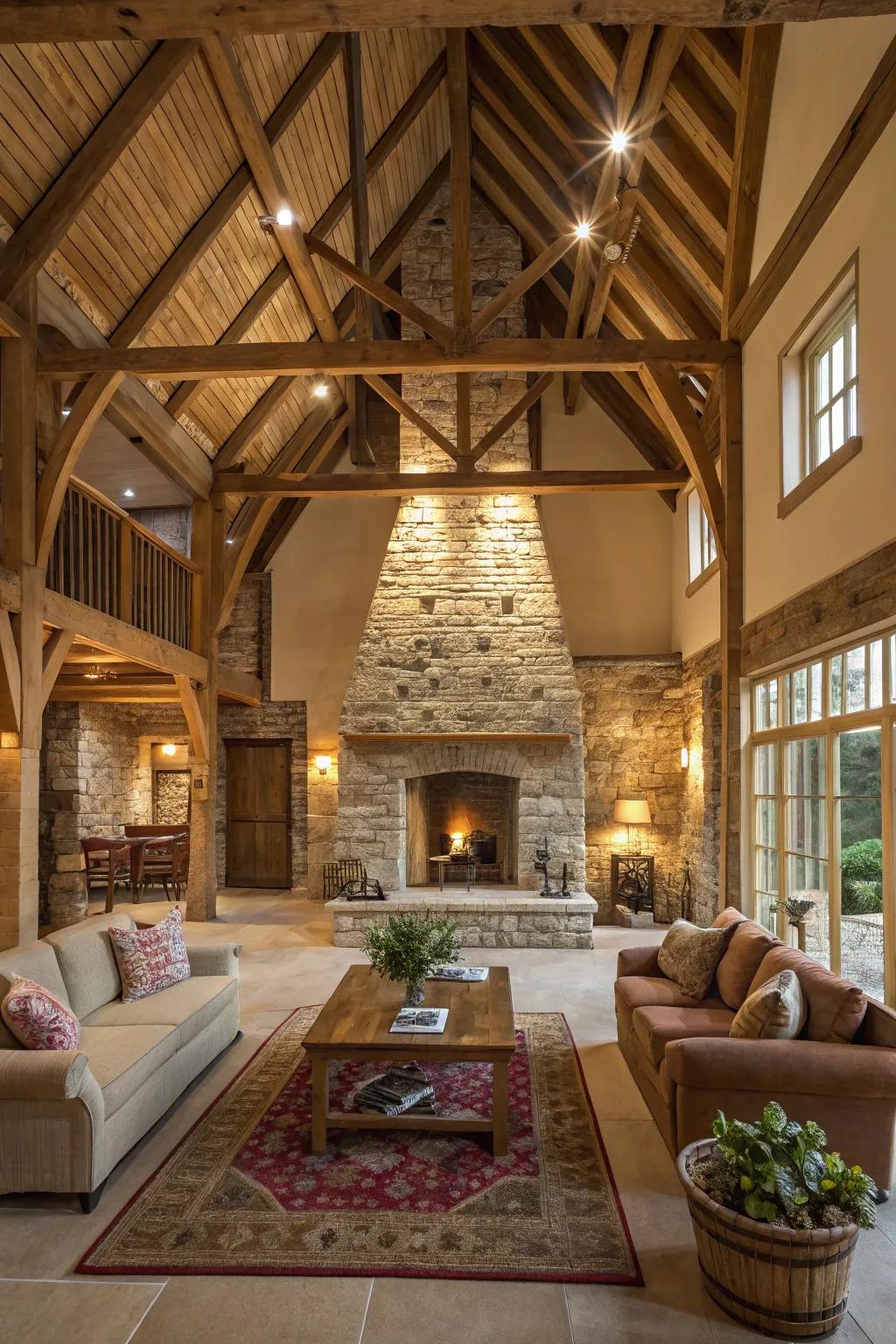 A central hearth provides warmth and visual appeal.