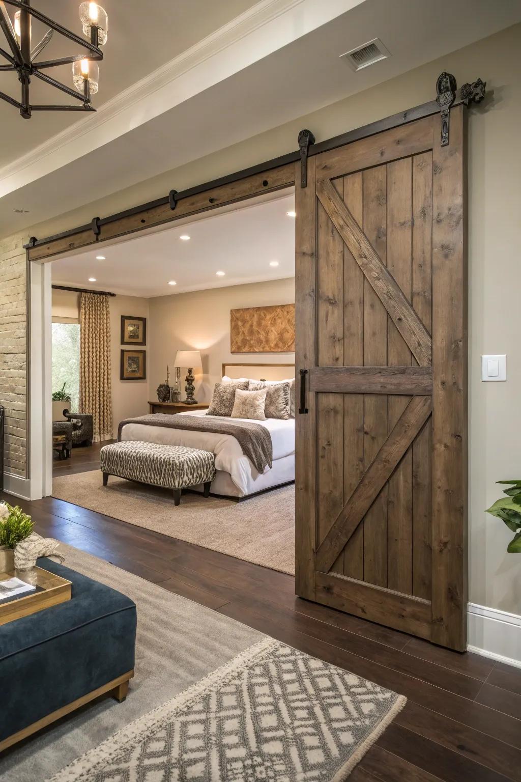 An artistic gate forms a grand frontage into an elegant bedroom.