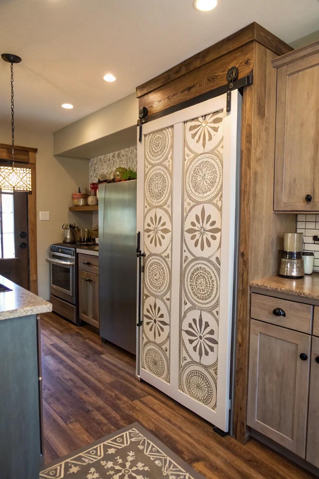A kitchen featuring a sliding barn door pantry adorned with stenciled designs.