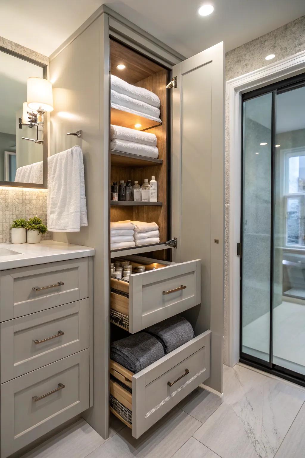 Cabinets that slide out offer easy access and organization.