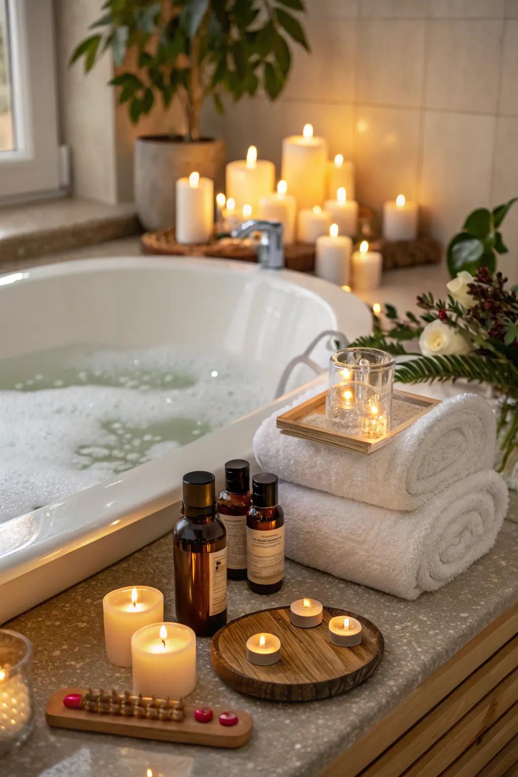 Transform your bathroom into a spa with calming elements surrounding the bathtub.