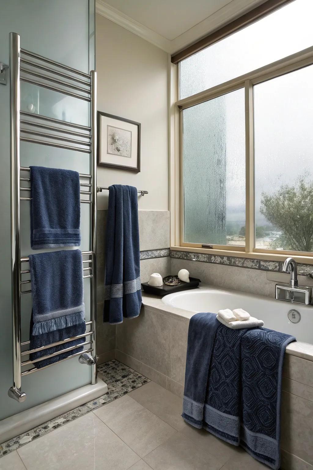 Twilight blue and silver cloths create a serene spa-like ambiance.
