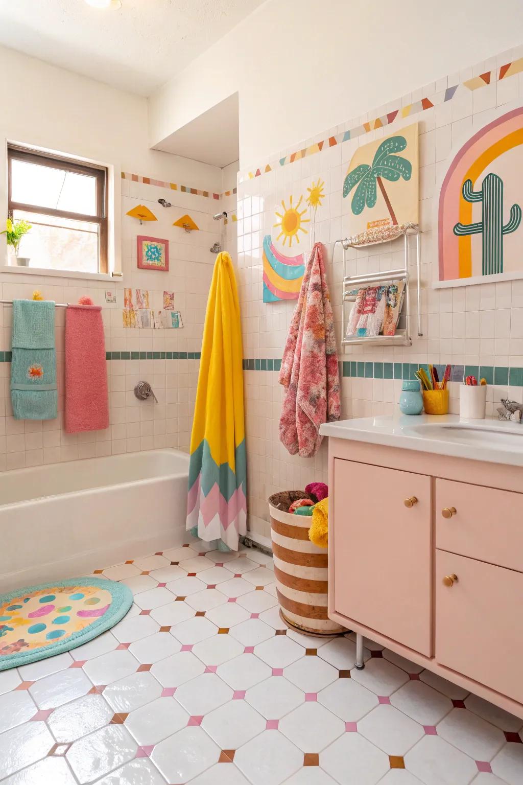Pastel floor covering brings a playful and cheerful vibe to this bathroom.