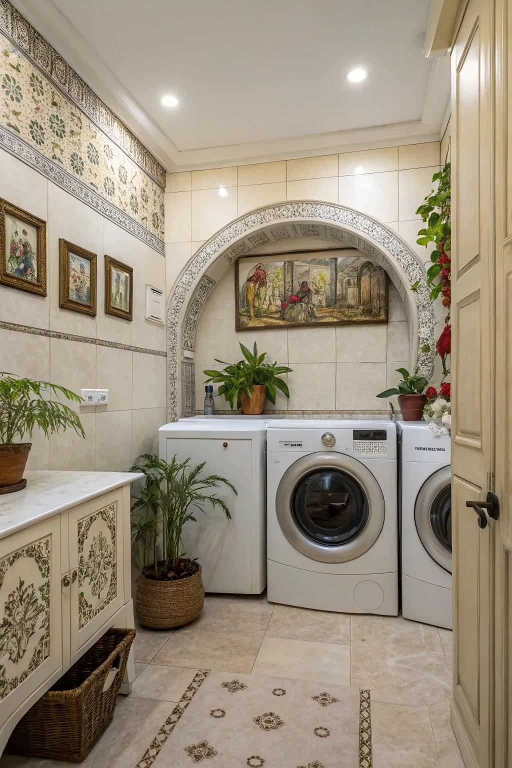 Artistic decorations transform the laundry area into a design feature.