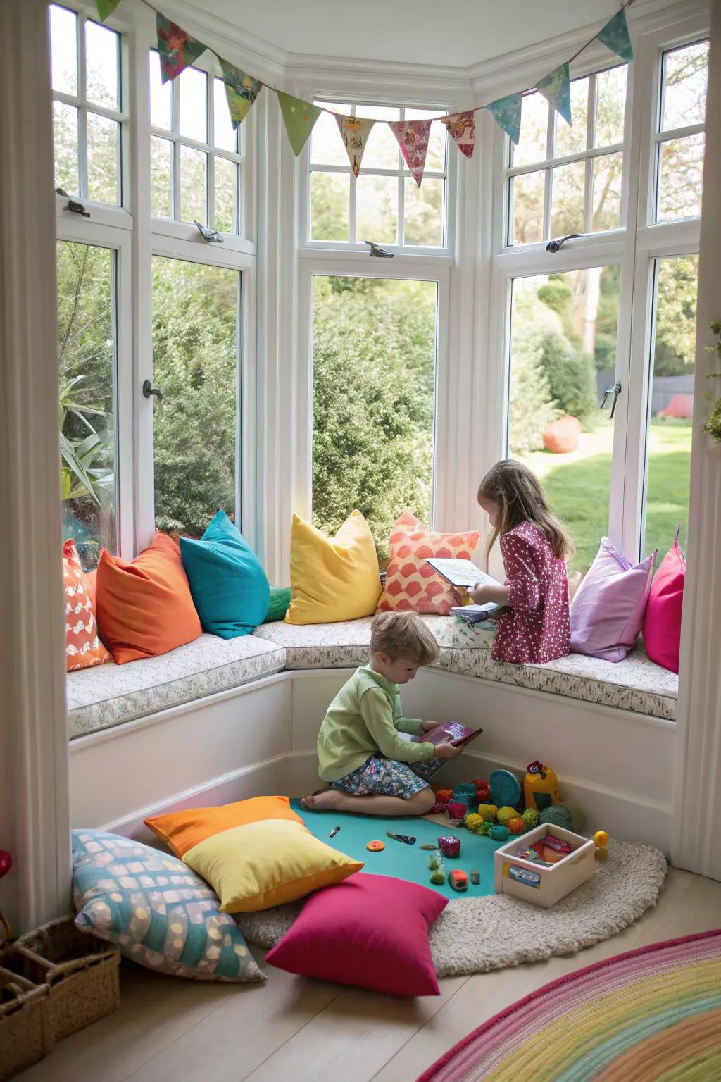 A children's play zone by the bay window is both entertaining and functional.