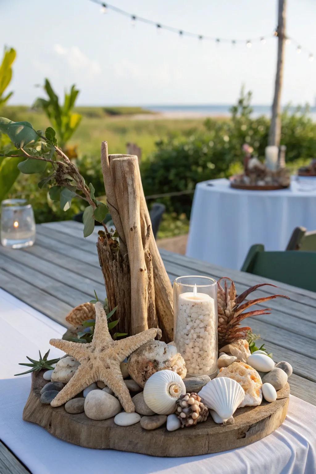 A seashell centerpiece can serve as an elegant focal point in your outdoor decor.