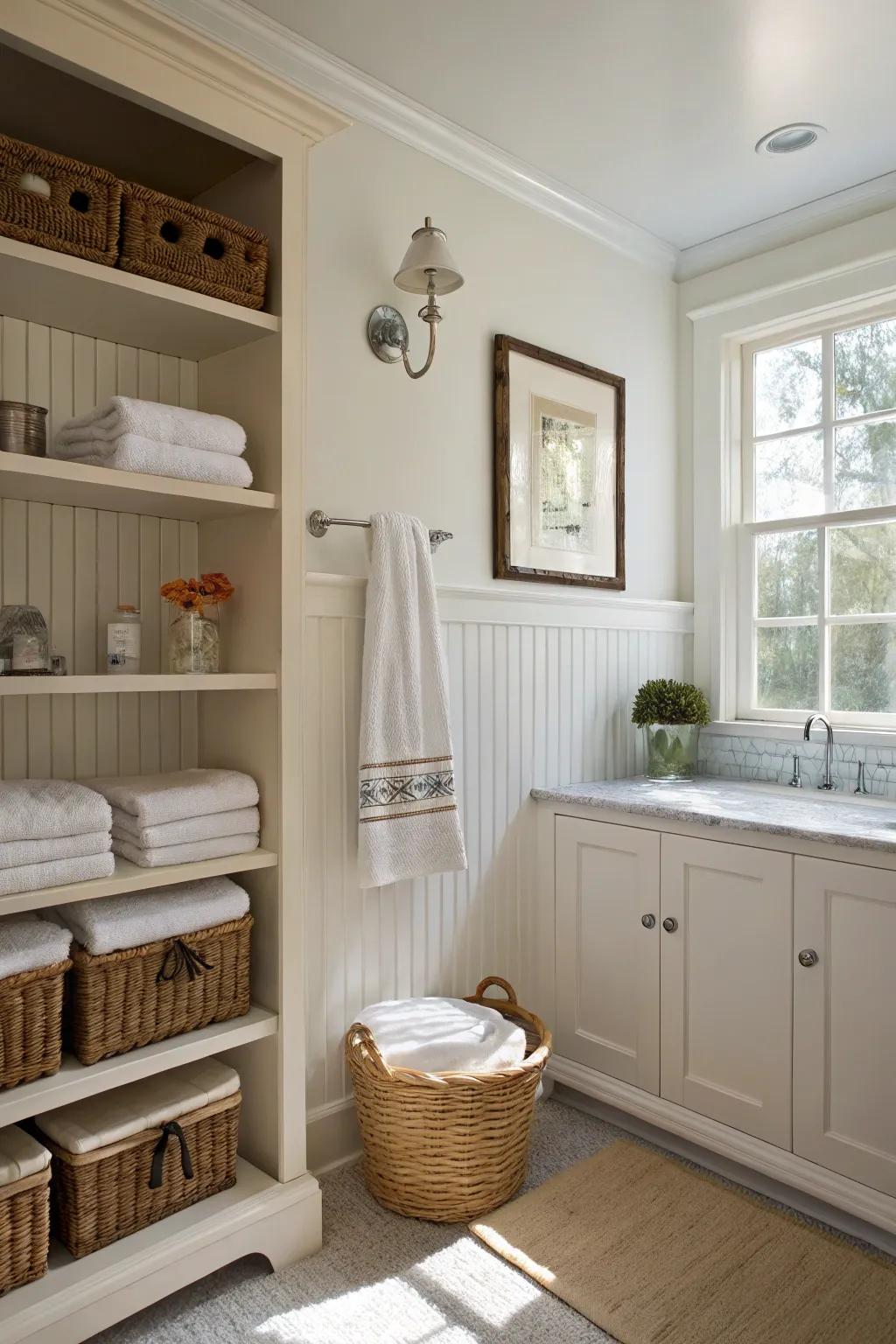 Decorative panels provide a chic setting for storing.