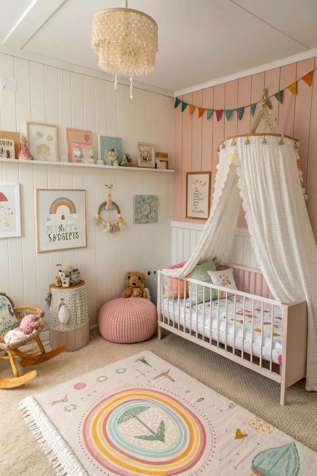 A playful nursery with planking walls.