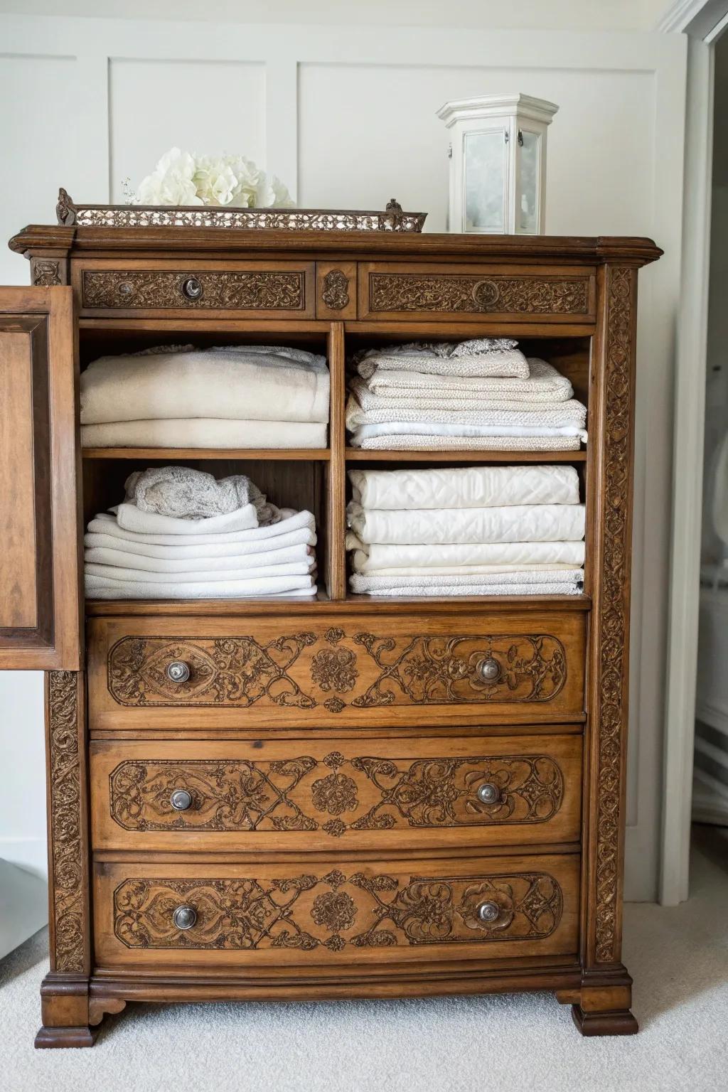 Reclaimed furniture adds character and usefulness to your storage solution.