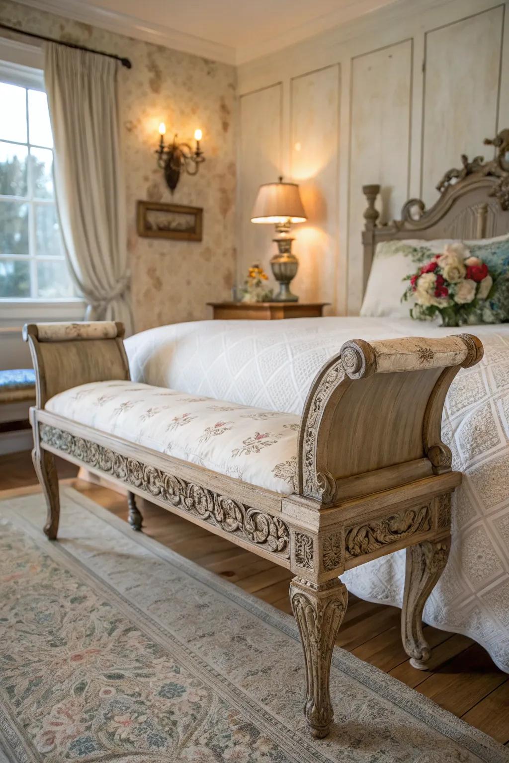 Vintage benches introduce nostalgia and allure to your bedroom.