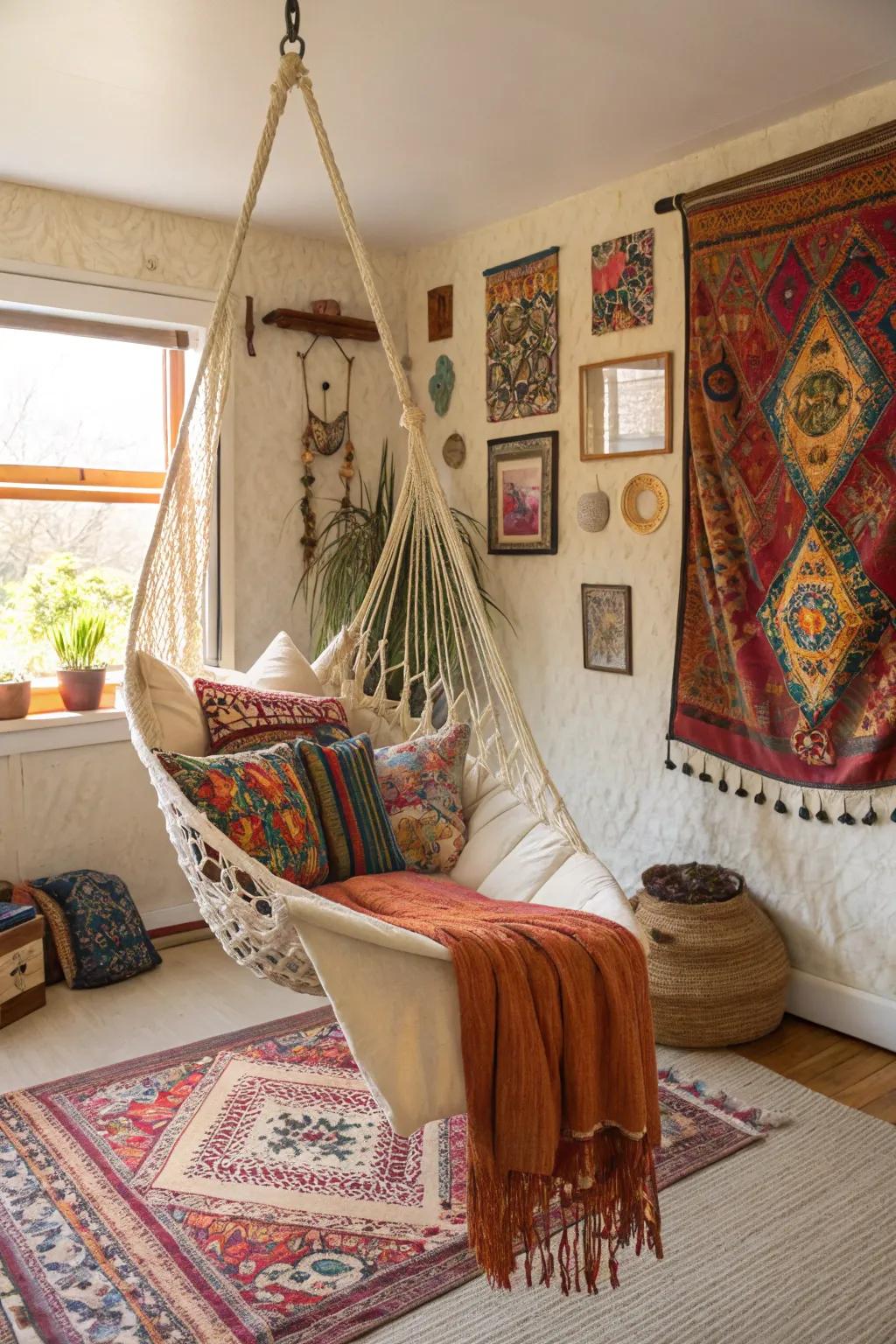 Hammock chairs add a bohemian and laid-back ambiance, perfect for creating a tranquil retreat.