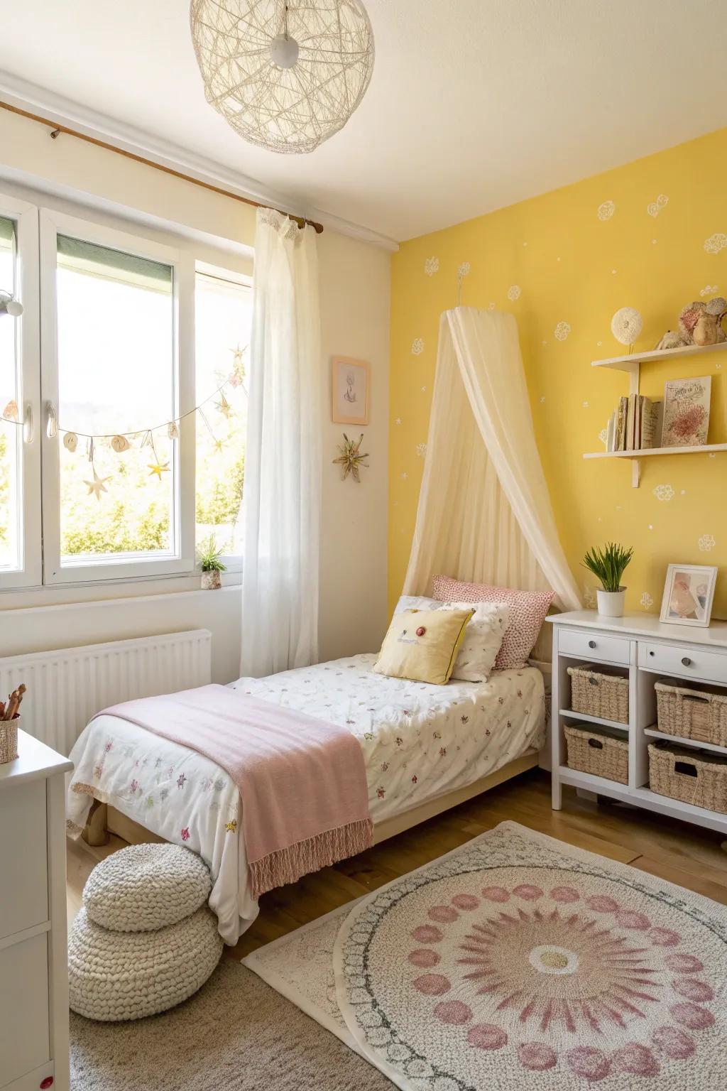 A sunny gold accent introduces cheer to this restful slumber space.