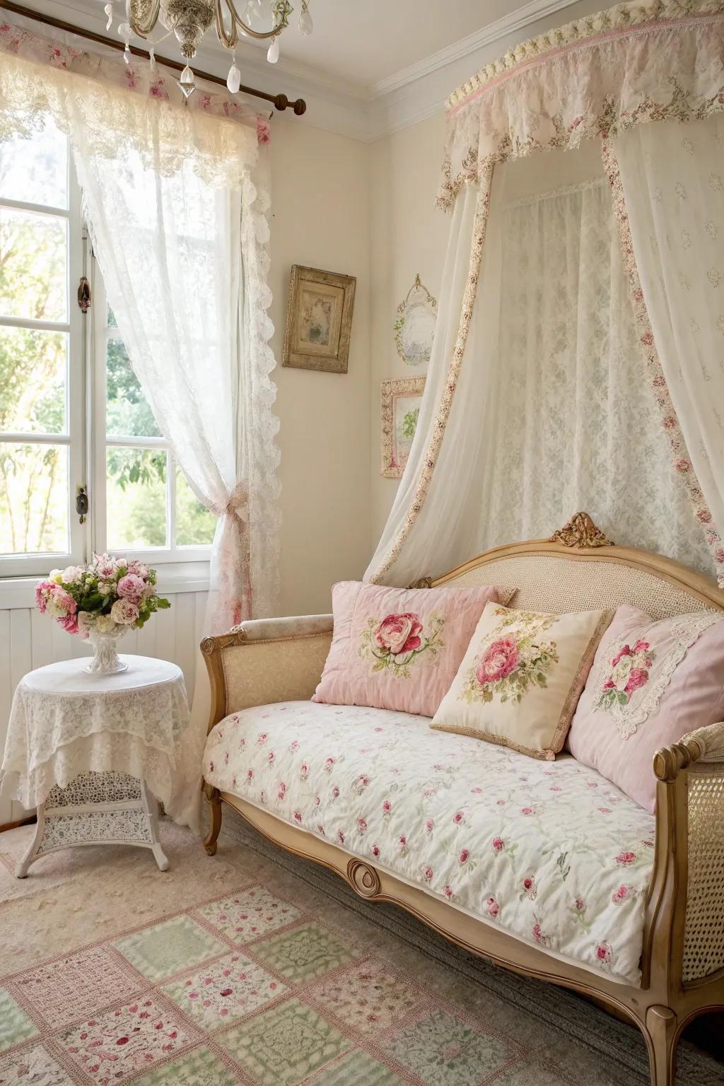 A Vintage Provincial settee in a sleeping quarters, providing appeal and elegance.